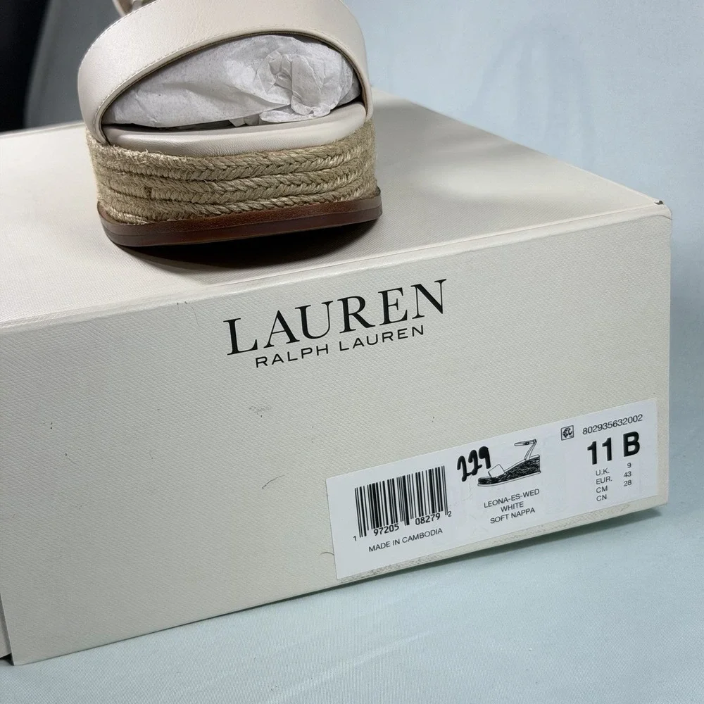 Laure Ralph Lauren Size-11B Leona Espadrille Platform Wedge Sandal Leather White
